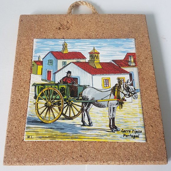 TRIVET Portugal Cork and Tile Pot Holder Wall Hanging Decor Typical Carriage 134 - Picture 1 of 10